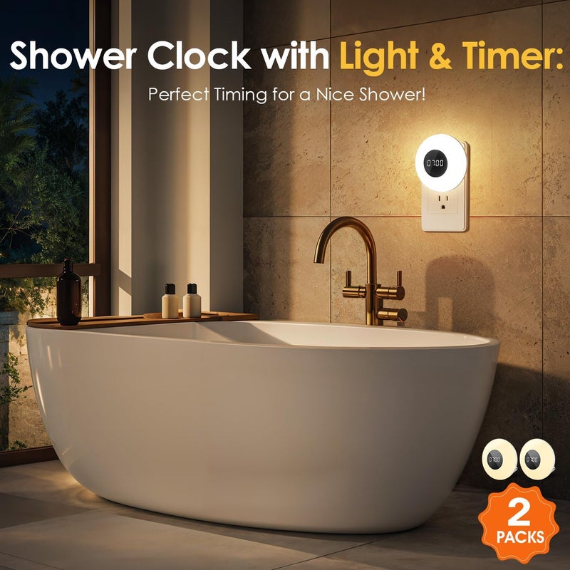 Onefire 【2 Pack】 Bathroom Clock,10 Levels Dimmable+3 Light Colors+Remote Shower Clock+Bathroom Shower Timer, 90 Lumen Shower Lights, Aora Night Light, Small Clock Plug in Timer, Dimmable Night Light - Image 4